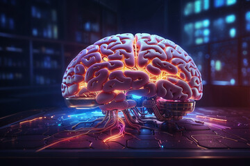 The brain is connected to a large computer through many wires. Illustration about the human brain and computer.