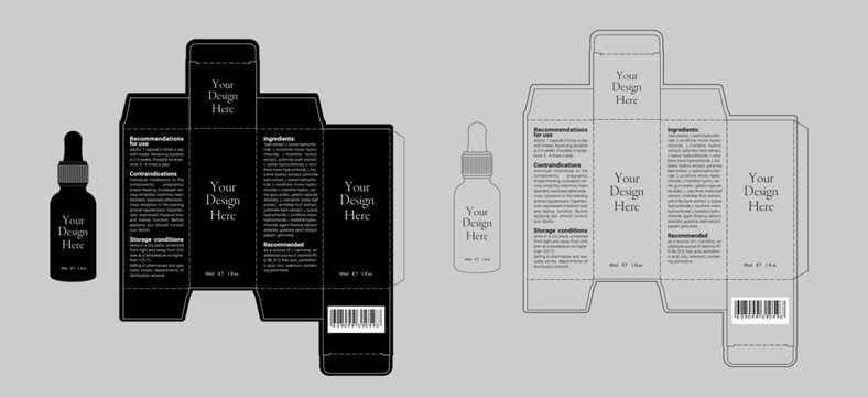 Editable outline vector image of cosmetic bottle and box with dieline box on neutral background