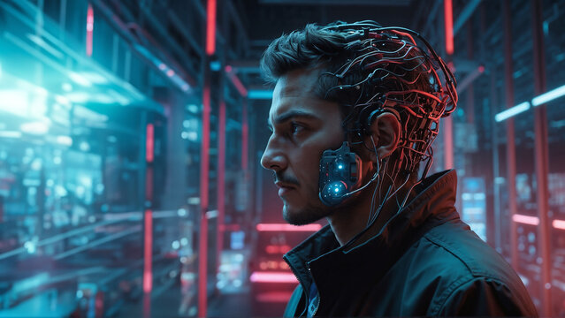 A young man with many wires on his head.   Implanting a Neuralink chip into a human brain to create an interface between the human brain and a computer.