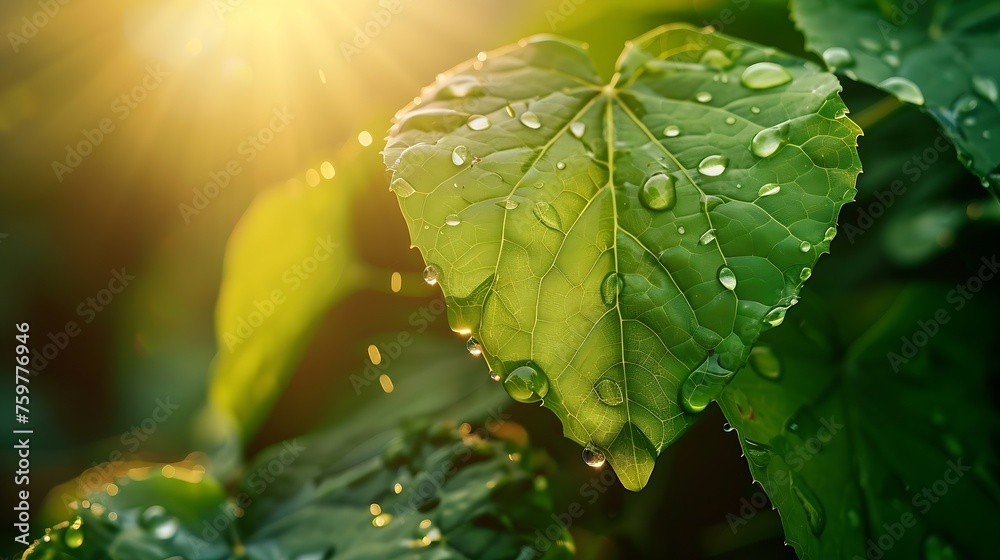 Aufkleber generative ai : a beautiful fresh green leaf covered with raindrops and highlighted by the sun.