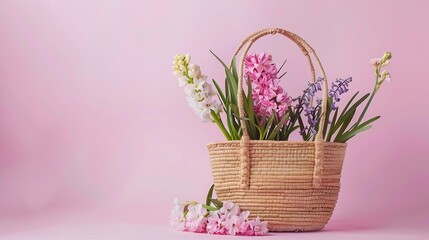 Generative AI : Beautiful straw bag with seasonal flowers of hyacinth and carnation blossom
