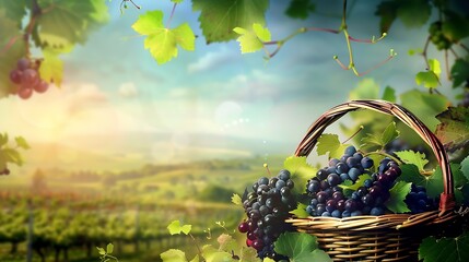 Generative AI : Grapes in the basket.Grapevine over vineyard background