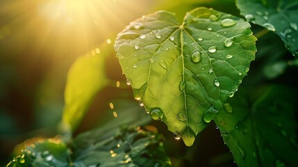 Fototapeta na wymiar Generative AI : A beautiful fresh green leaf covered with raindrops and highlighted by the sun. 