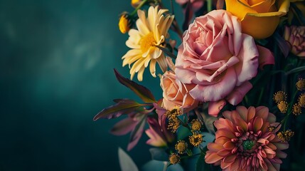 Generative AI : Beautiful flower bouquet in warm colors. Yellow and pink vivid flowers - obrazy, fototapety, plakaty