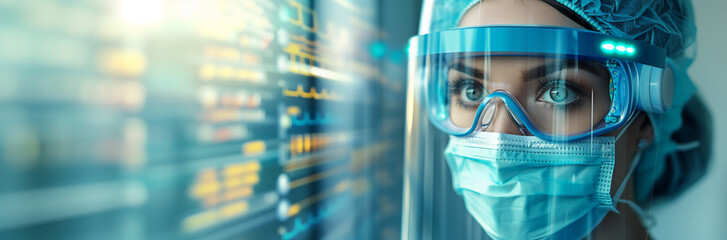 Close-up of a female healthcare worker with protective visor and mask in a modern medical environment - AI-Generated - obrazy, fototapety, plakaty