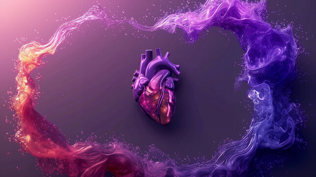 Digital heart in purple liquid swirl, artistic representation of love and science - AI-Generated