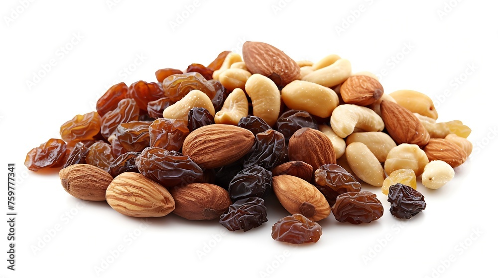 Poster generative ai : mixed fresh nuts and raisins isolated on white background
