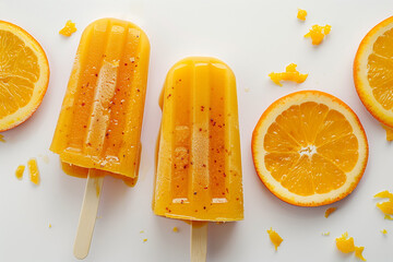 fruity orange ice cream on a stick; white background, summer colors