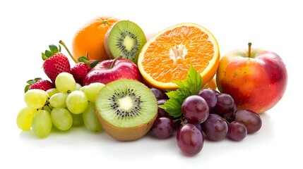 Naklejka na ściany i meble Generative AI : Pile of various types of fresh organic fruits isolated on white background. 