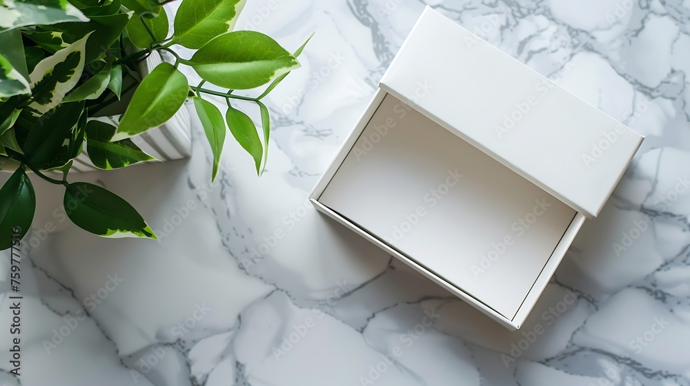 Poster generative ai : white box open on marble table with green plant, flatlay