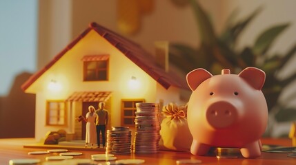 Generative AI : Family couple, home model, piggy bank, dollar depict budget planning for basic needs - obrazy, fototapety, plakaty