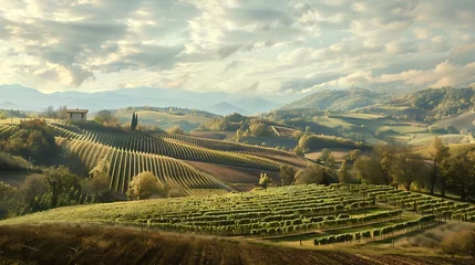 Zelfklevend Fotobehang Generative AI : Wine vineyards over the farmlands valley next to high mountain terrain a scenic landscape. © The Little Hut
