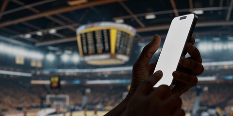Black African-American man using smartphone during a game on basketball arena