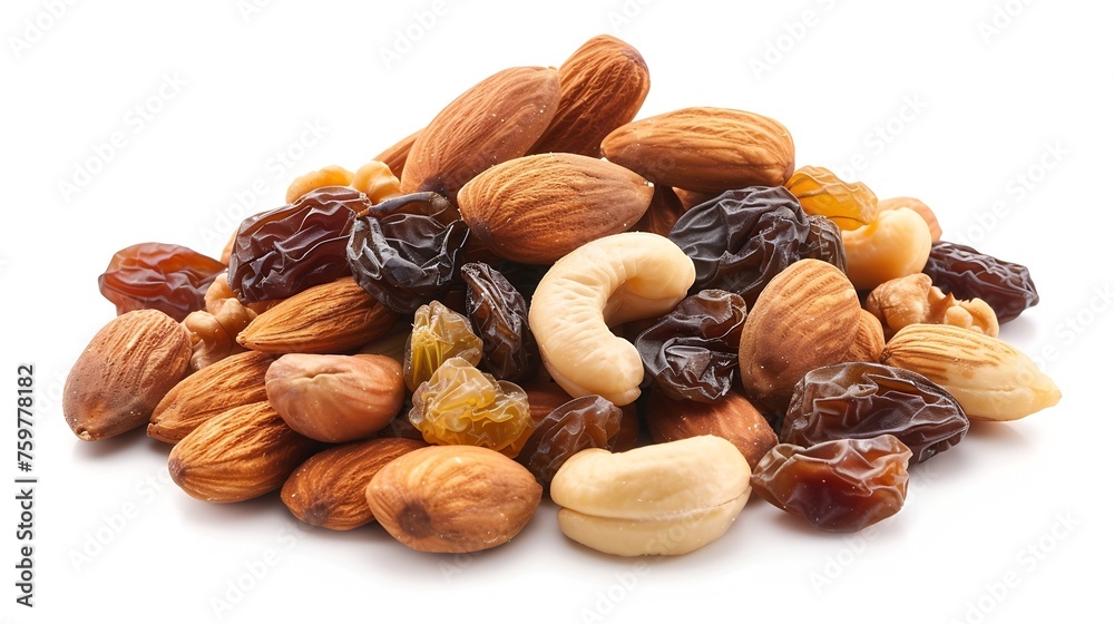 Poster generative ai : mixed fresh nuts and raisins isolated on white