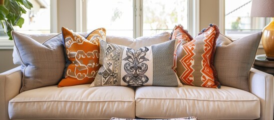 Decorative pillows on a couch in a living space.