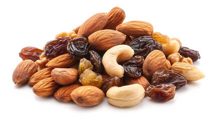 Generative AI : Mixed fresh nuts and raisins isolated on white 