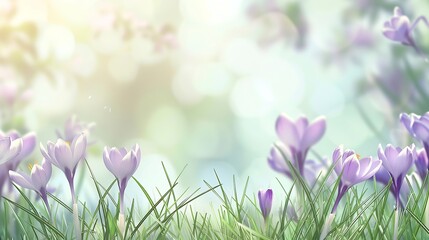 Generative AI : Nature background with crocus flowers in grass; selective focus. Spring banner for...