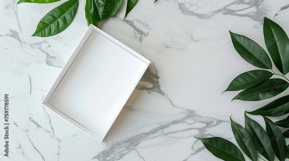 Poster generative ai : white box open on marble table with green plant, flatlay