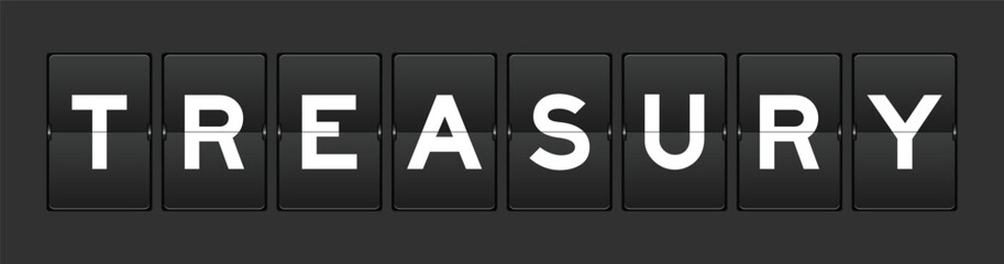 Black color analog flip board with word treasury on gray background