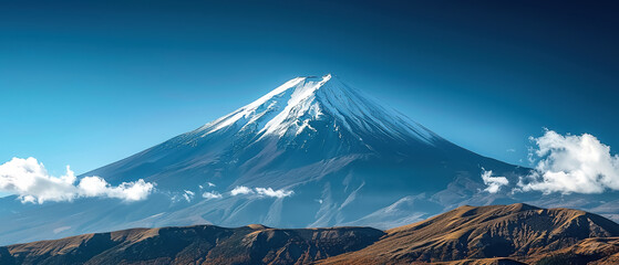 The solitary peak of a snow-capped mountain with clean lines against a crisp - obrazy, fototapety, plakaty