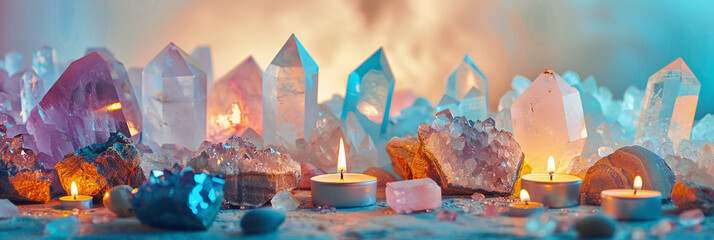 esoteric still life with candles and crystals, magical spiritual healing zen composition, modern witchcraft concept - obrazy, fototapety, plakaty