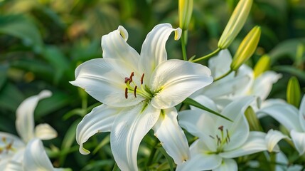 Fototapeta premium Generative AI : White Easter Lily flowers in garden. Lilies blooming. Lilium flowers. Blossom white Lily in a summer. 