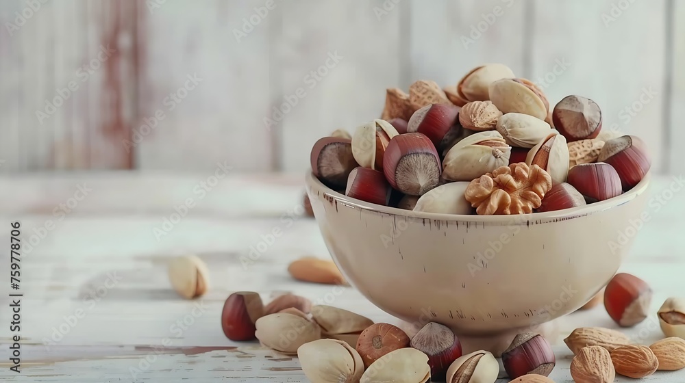 Poster generative ai : mixed nuts in a bowl on white wood background.