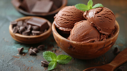 Rich chocolate ice cream scoops in a wooden bowl with mint and chocolate pieces.