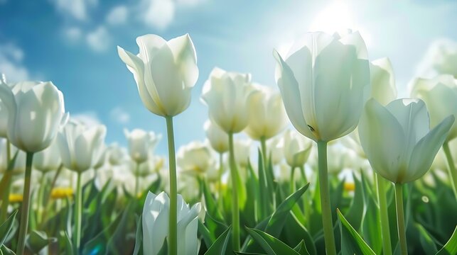 Generative AI : Beautiful tulip flowers background. Amazing view of bright white tulip flowers blooming in the garden 