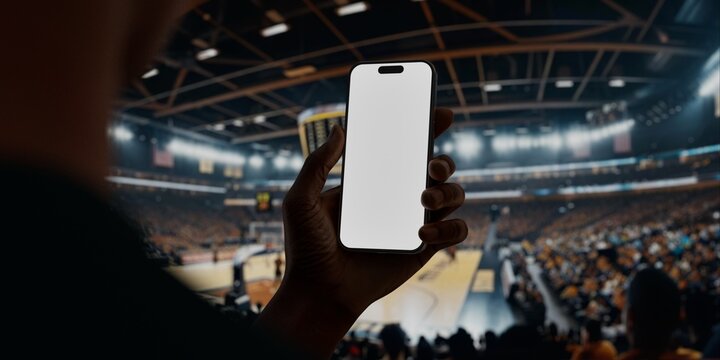 Black African-American man using smartphone during a game on basketball arena - Powered by Adobe