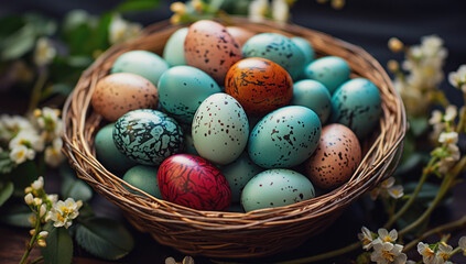 Fototapeta premium Wicker basket with Easter eggs. Easter concept.