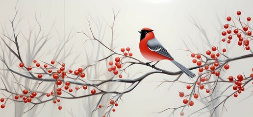 red cardinal on branch. Illustration of bird sitting on branch with red berries in snow. Whistler, waxwing on a ashberry, hawthorn berries, rowan tree branch in cold frost. Life of wild bird in winter - obrazy, fototapety, plakaty