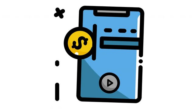 Mobile Coin Money Currency animation cartoon cell phone with bitcoin. Suitable for cryptocurrency websites, financial blogs, and technology articles needing a modern touch.