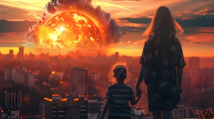 Fototapeta premium A woman and a child stand against the background of the destruction of the city, the frozen moment of the explosion of an atomic bomb in front of them, their silent faces express shock and despair at 