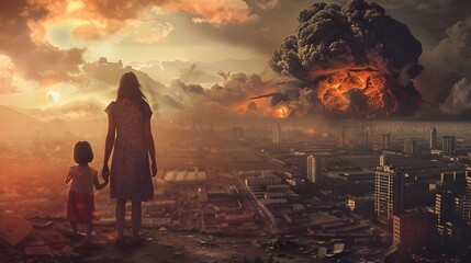 Among the ruins and dust of the destroyed city, a woman and a child stand, and in front of them is a brightly lit explosion of an atomic bomb, their eyes are full of horror and grief 