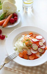 Insalata di finocchi con carote, ravanelli e semi di sesamo in un piatto su sfondo bianco. Concetto...
