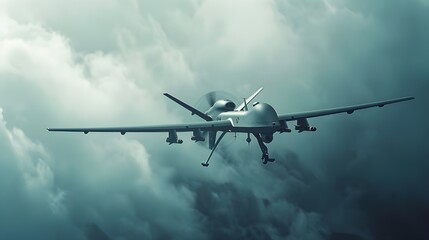 A combat drone glides silently through the skies, its camera confidently scans the area in search of a target, creating the impression of endless readiness and professionalism in the performance of a 
