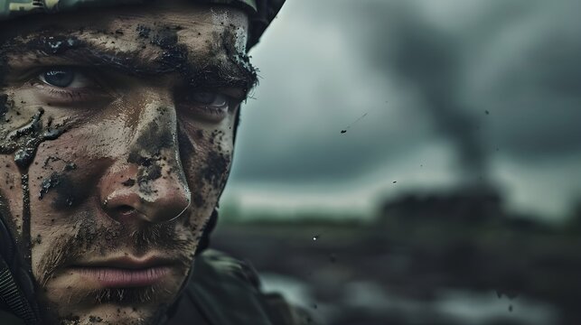 In close-up, a portrait of a soldier is visible, where dirt and pain merged in an indescribable intensity of emotions, reflecting the cost of the war on his physical and mental state.