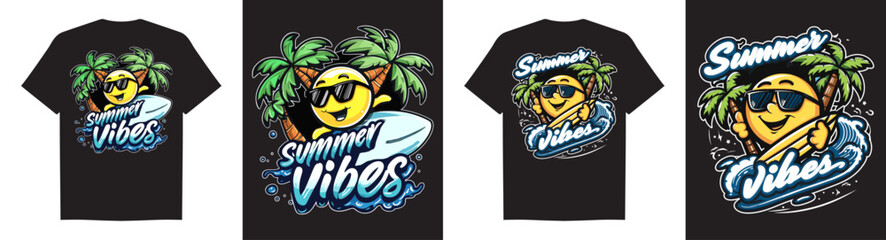 Sun surfing summer vibes vector, cheerful mascot illustration set, summer vibes t-shirt collection. Generative AI