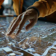 Close-up of a man manipulating something with his fingers on an augmented reality city model.