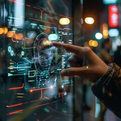 A close-up of a worker operating his or her finger on a monitor displaying augmented reality.