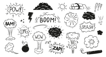 Explosion doodle, bomb element. Comic zap, boom, bam smoke sketch elements.