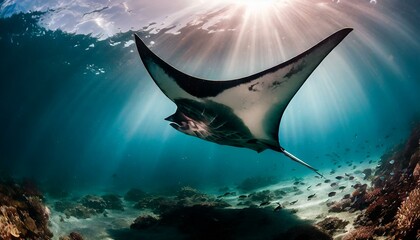 Manta rays are nature's acrobats, gracefully gliding through the ocean's depths. - obrazy, fototapety, plakaty