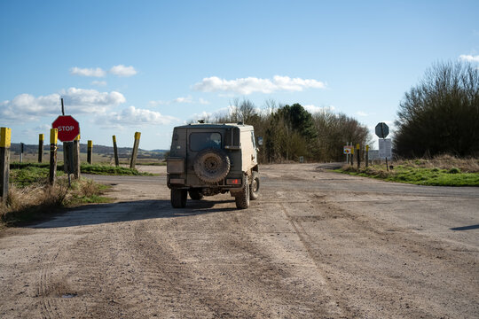 British army bae systems, Puch, Daimler, Pinzgauer High-Mobility All-Terrain 4x4 vehicle on a military battle exercise, Wilts UK