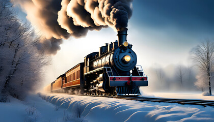 A historical steam locomotive in winter - obrazy, fototapety, plakaty