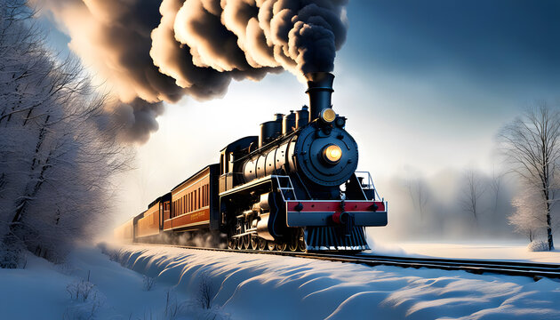A historical steam locomotive in winter