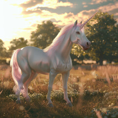 A majestic unicorn with a shimmering, iridescent mane and horn, standing proudly in a sunlit meadow, 3D render