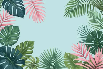 Poster Tropical palm leaves and branches on a blue background, horizontal composition © Thanh