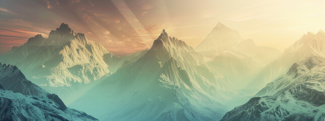 A serene mountain landscape at dusk, with a mysterious glowing aura surrounding it, 3D render - obrazy, fototapety, plakaty