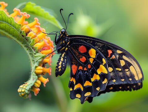 A butterfly is eating a leaf. The butterfly is orange and black. The image has a peaceful and calming mood